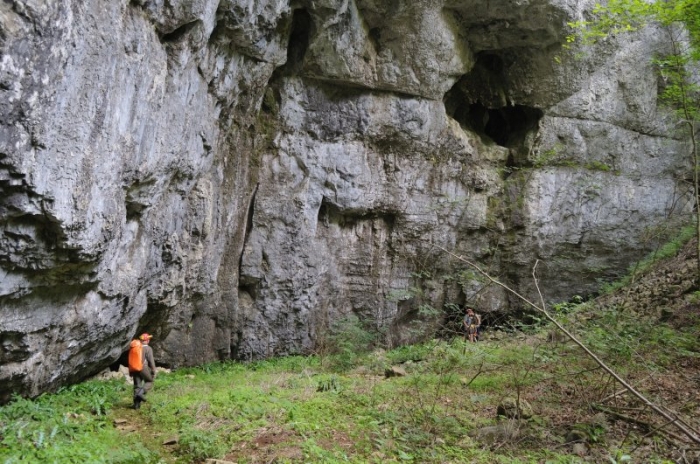 Portal Stanul cerbului 1 cu cele 2 intrari + Stanul cerbui 2 in partea stanga langa speolog- Foto: Ovi Guja
